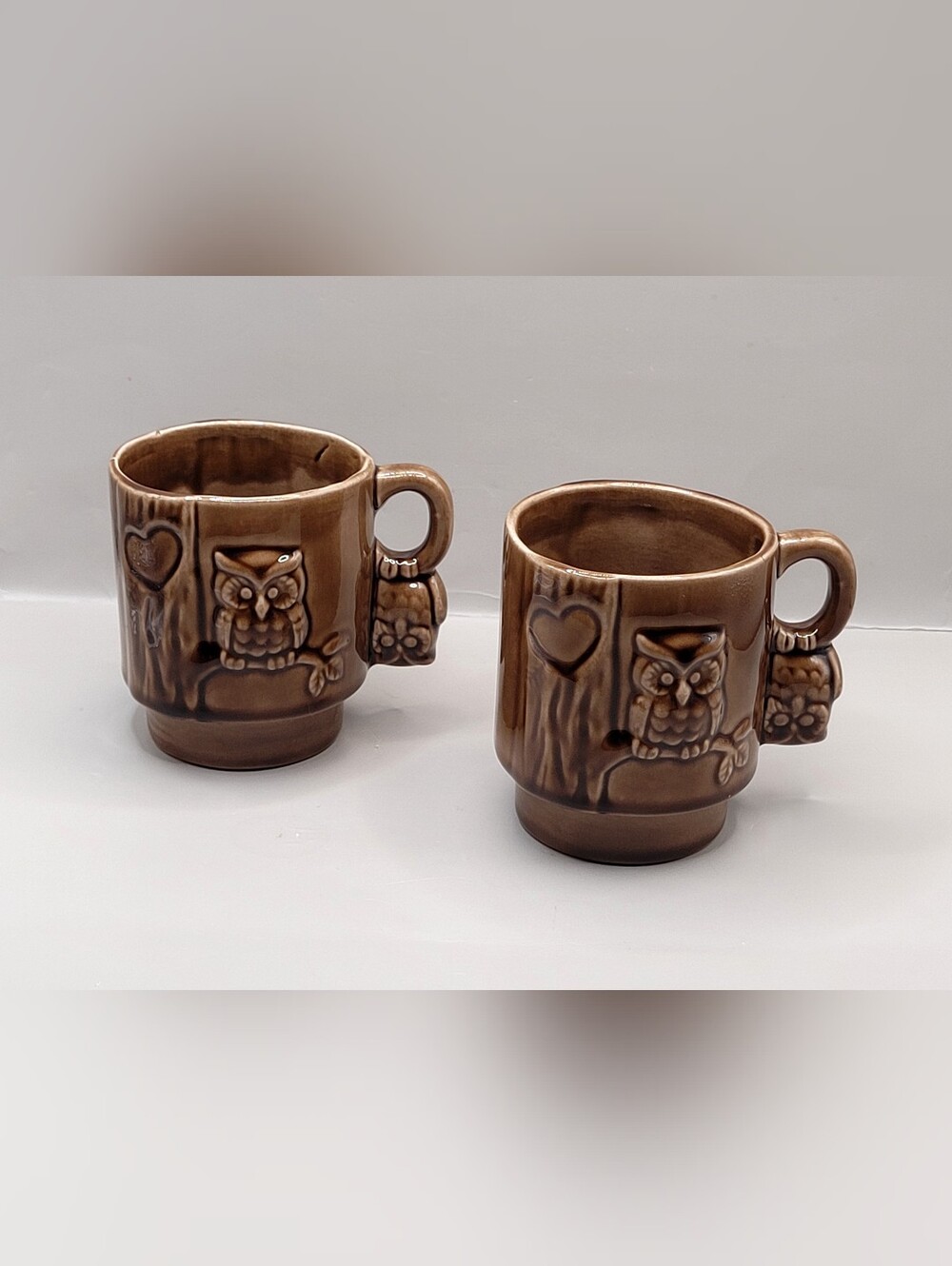 Vintage Owl Ceramic Stacking Mugs Set of 2 Tree Trunk We All Have Our Ups & Down